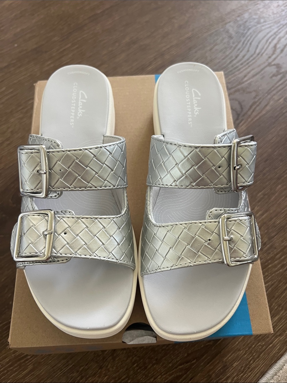 Clarks Silver Woven Double-Buckle Slide Mules